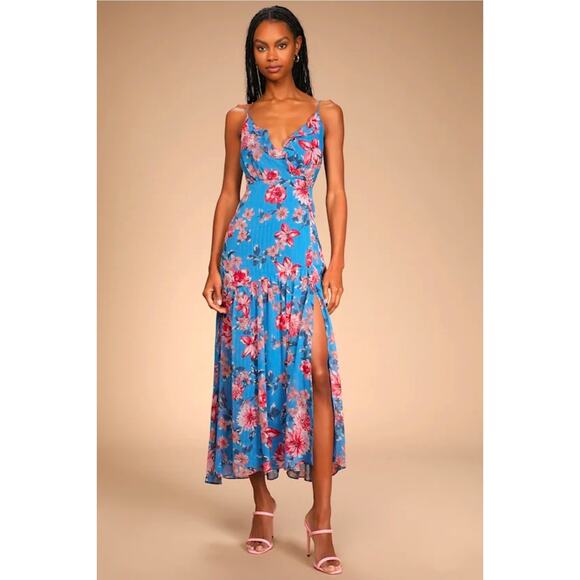 LULU'S Blue Floral A-Line Ruffle Dress - Picture 1 of 5